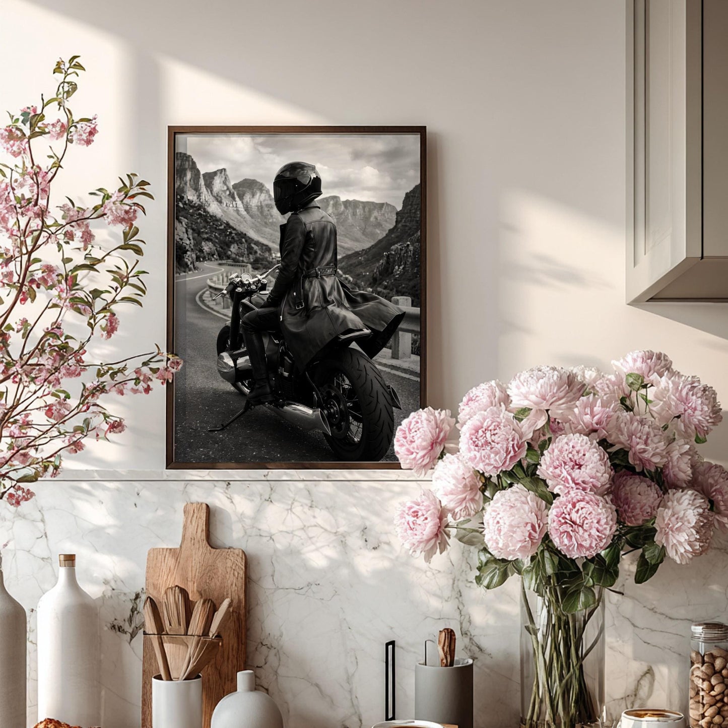 Mysterious Motorcycle Rider Print | Black and White Mountain Road Poster | Edgy Leather Biker Wall Art | Cinematic Adventure Decor