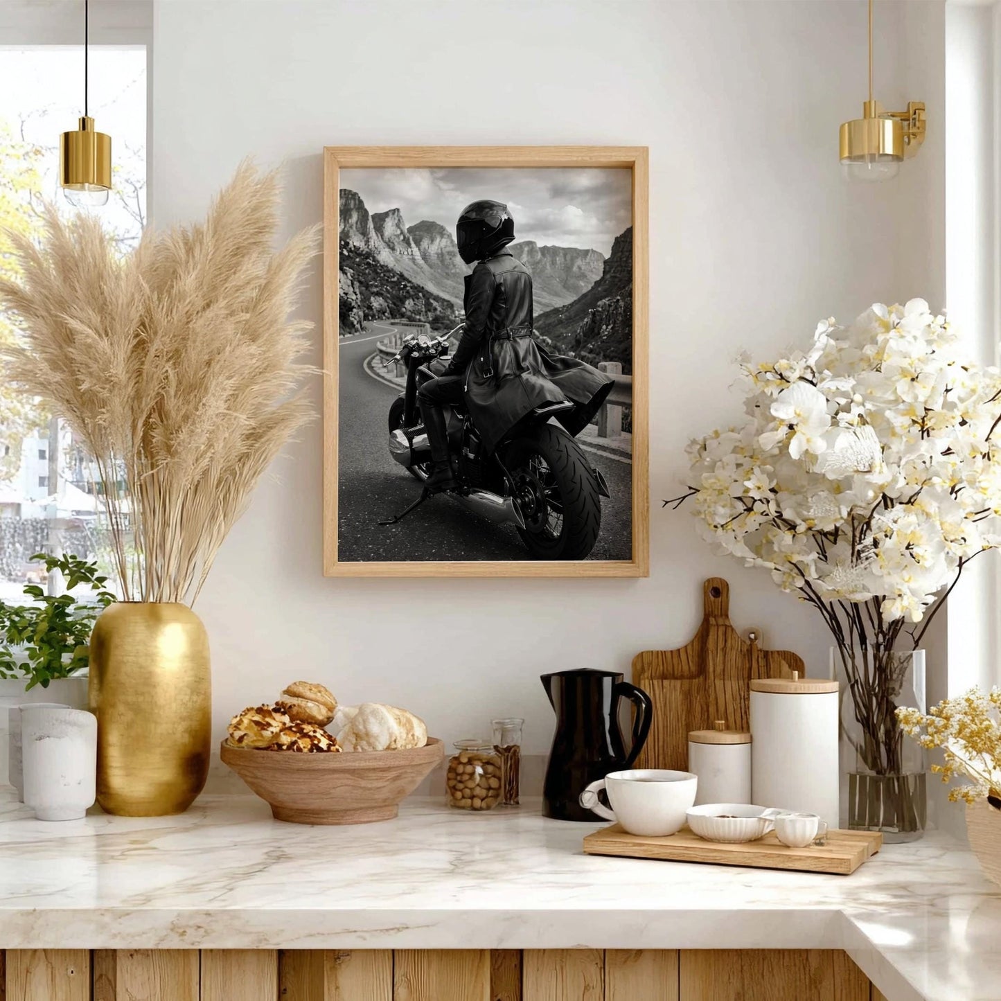 Mysterious Motorcycle Rider Print | Black and White Mountain Road Poster | Edgy Leather Biker Wall Art | Cinematic Adventure Decor