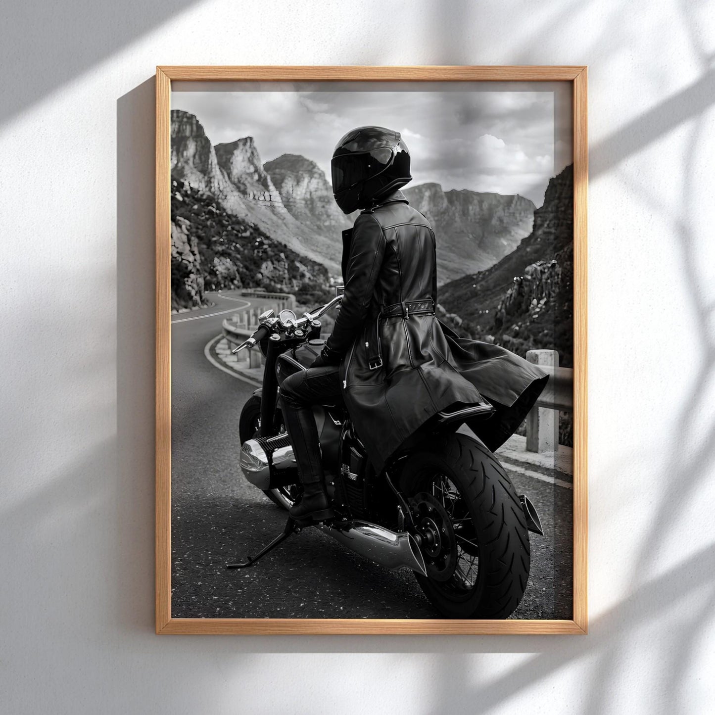 Mysterious Motorcycle Rider Print | Black and White Mountain Road Poster | Edgy Leather Biker Wall Art | Cinematic Adventure Decor