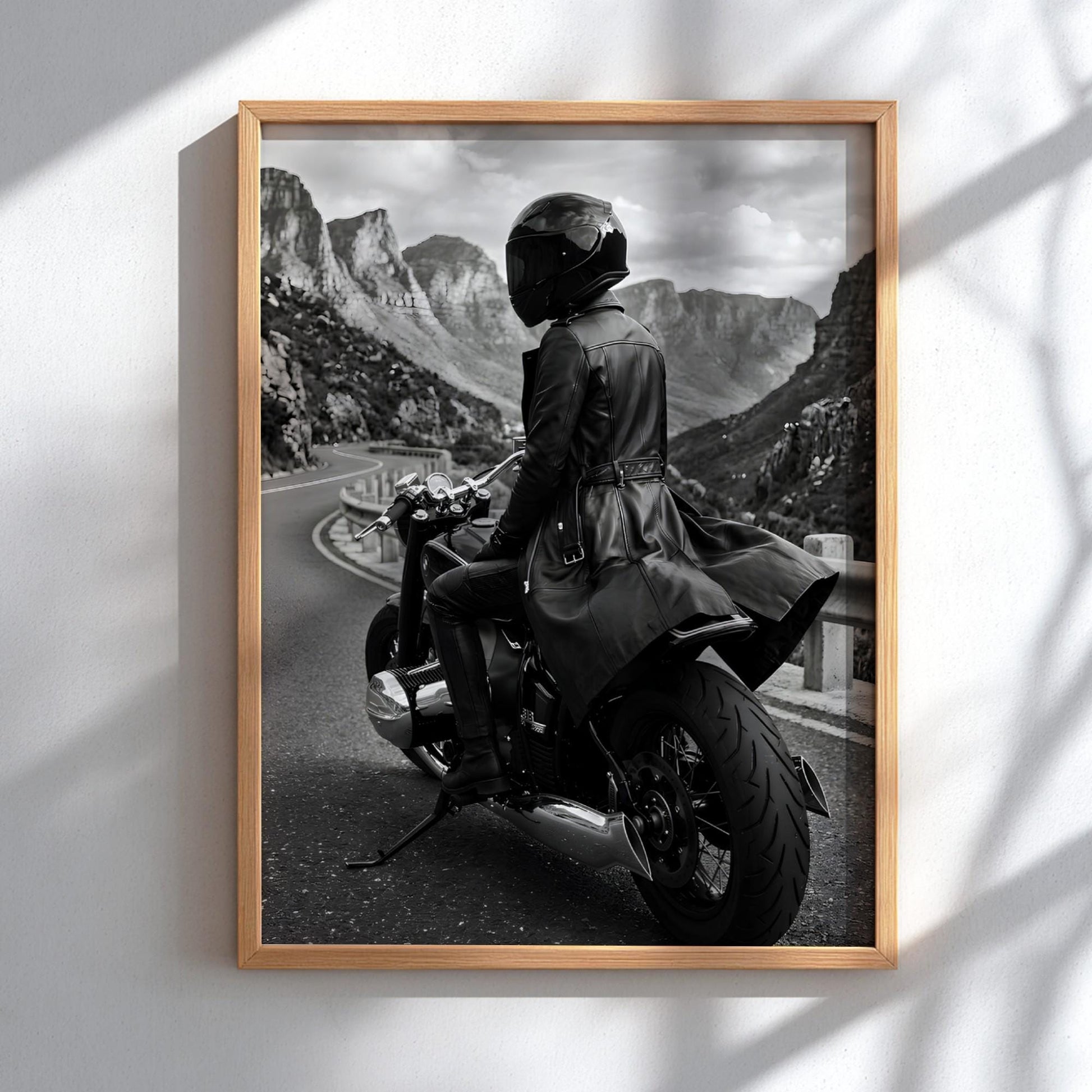 Mysterious Motorcycle Rider Print | Black and White Mountain Road Poster | Edgy Leather Biker Wall Art | Cinematic Adventure Decor