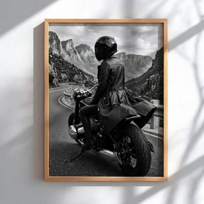 Mysterious Motorcycle Rider Print | Black and White Mountain Road Poster | Edgy Leather Biker Wall Art | Cinematic Adventure Decor
