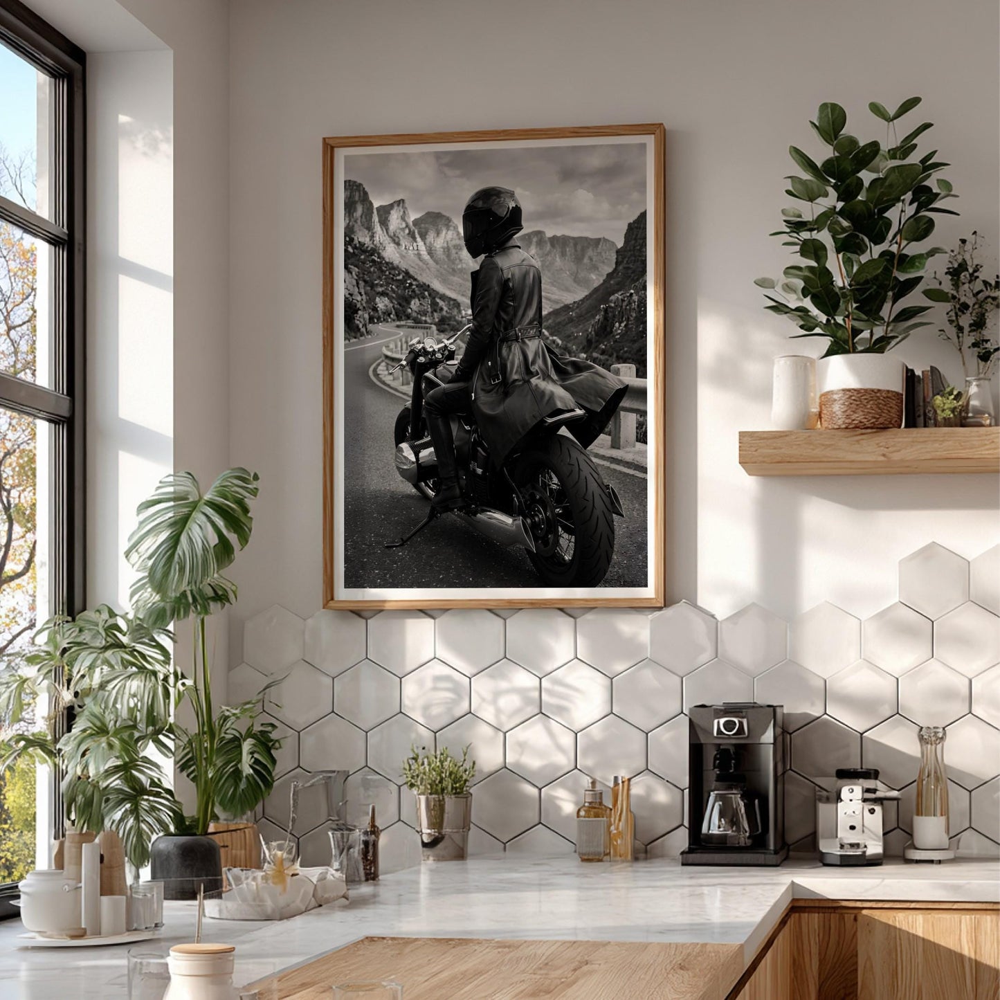 Mysterious Motorcycle Rider Print | Black and White Mountain Road Poster | Edgy Leather Biker Wall Art | Cinematic Adventure Decor