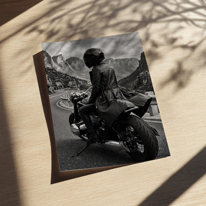 Mysterious Motorcycle Rider Print | Black and White Mountain Road Poster | Edgy Leather Biker Wall Art | Cinematic Adventure Decor