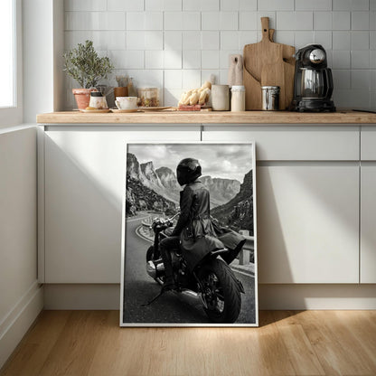 Mysterious Motorcycle Rider Print | Black and White Mountain Road Poster | Edgy Leather Biker Wall Art | Cinematic Adventure Decor