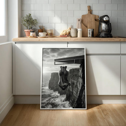 Minimalist Swimsuit Print | Black and White Ocean Cliff Poster | Conceptual Fashion Wall Art | Modern Coastal Decor