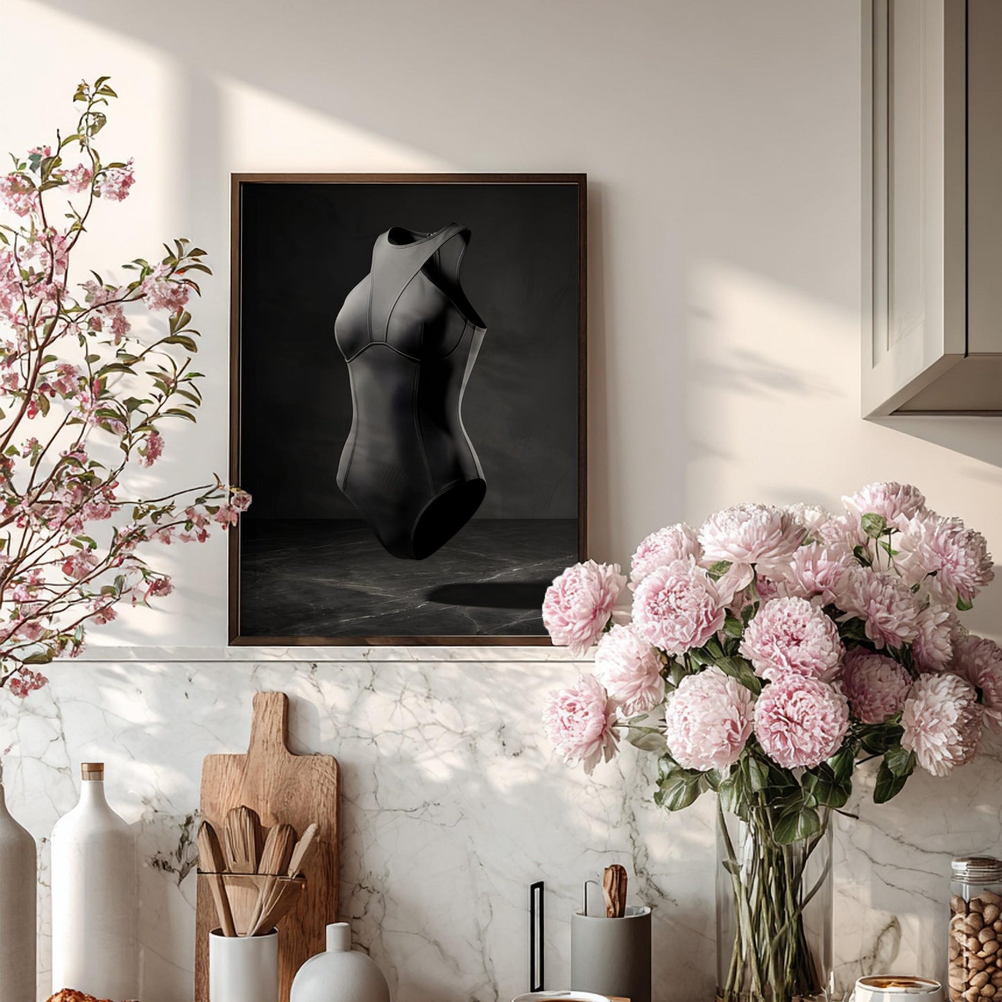 Floating Black Swimsuit Print | Minimalist Fashion Poster | Dark Moody Athletic Wall Art | Contemporary Bodysuit Decor | Chic Dressing Room