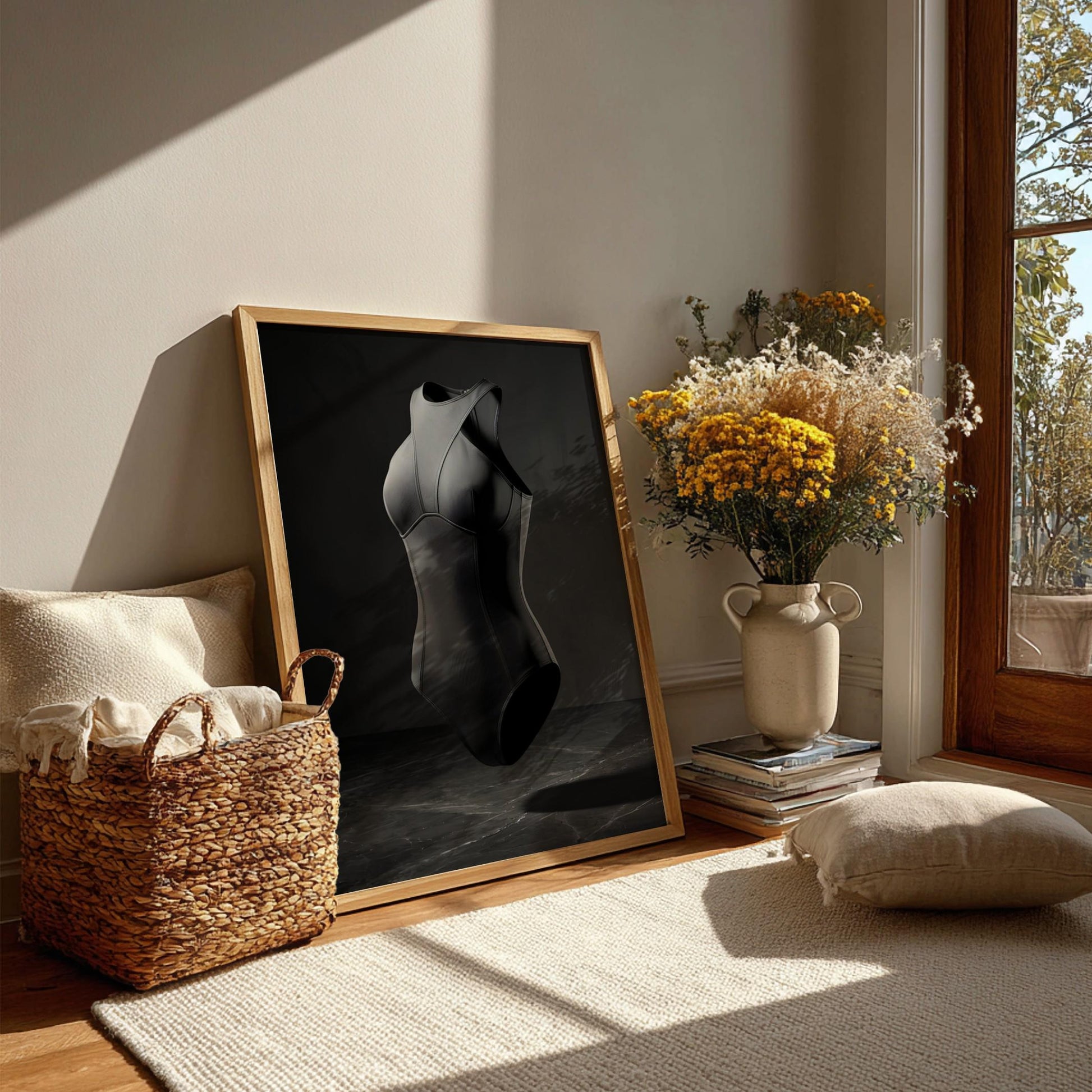 Floating Black Swimsuit Print | Minimalist Fashion Poster | Dark Moody Athletic Wall Art | Contemporary Bodysuit Decor | Chic Dressing Room