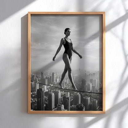 Black and White Surreal Wall Art | Woman on Tightrope City Poster | Urban Skyline Print | Balance Motivation Decor | Conceptual Fine Art