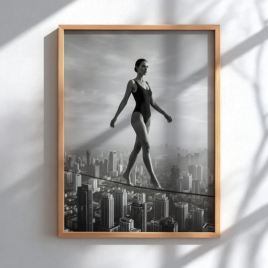 Black and White Surreal Wall Art | Woman on Tightrope City Poster | Urban Skyline Print | Balance Motivation Decor | Conceptual Fine Art
