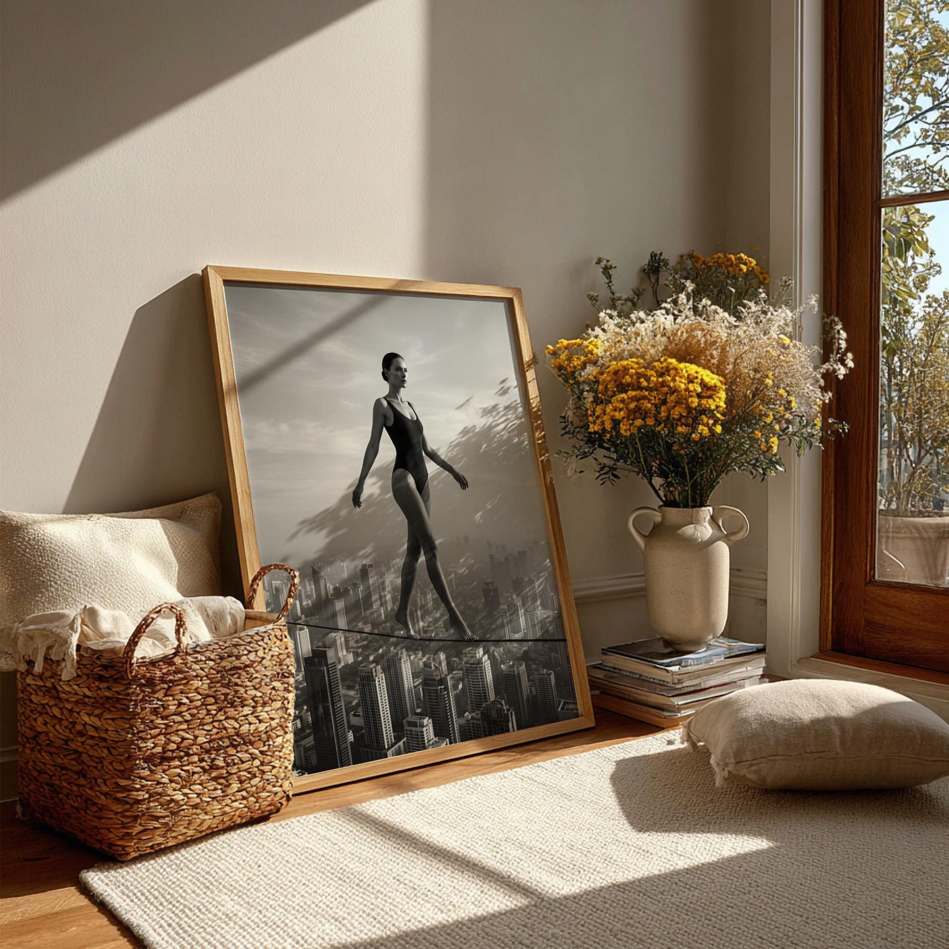 Black and White Surreal Wall Art | Woman on Tightrope City Poster | Urban Skyline Print | Balance Motivation Decor | Conceptual Fine Art
