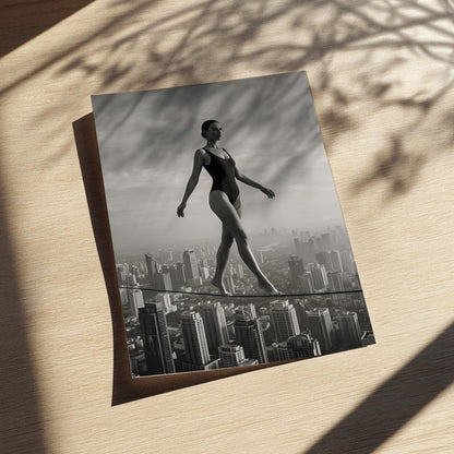 Black and White Surreal Wall Art | Woman on Tightrope City Poster | Urban Skyline Print | Balance Motivation Decor | Conceptual Fine Art