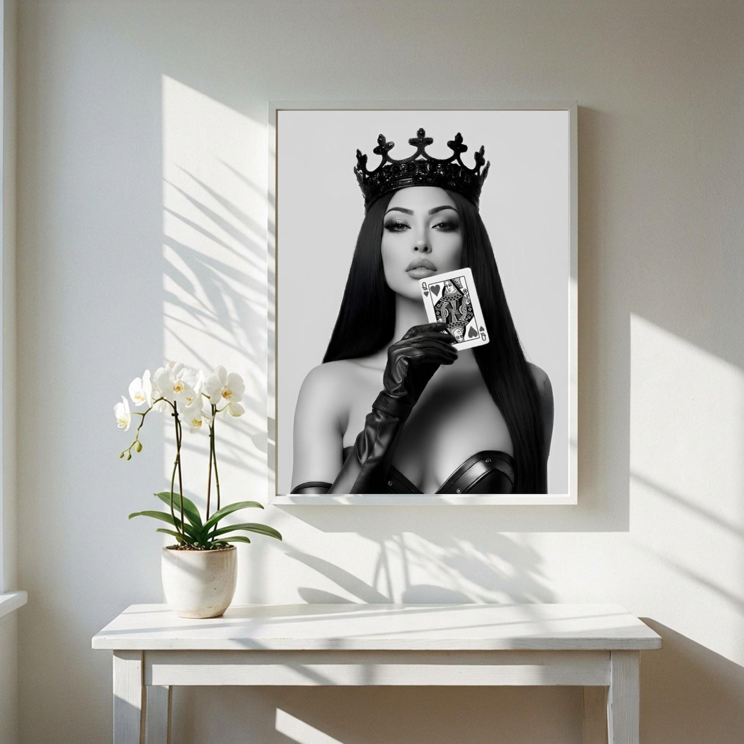 Queen of Hearts Poster, Black and White Fashion Wall Art, Edgy Crown Portrait Print, Playing Card Decor, Modern Glamour Art Print
