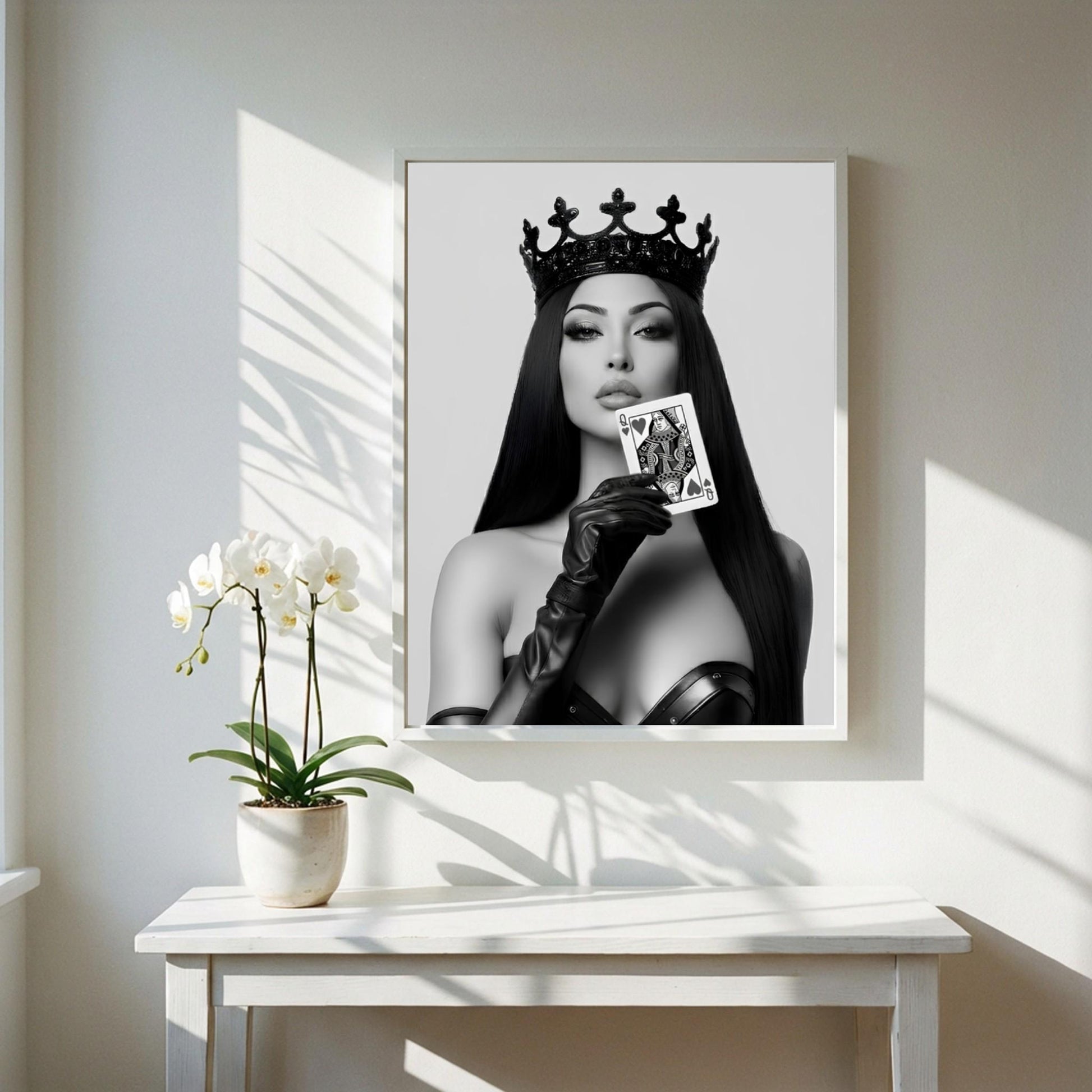 Queen of Hearts Poster, Black and White Fashion Wall Art, Edgy Crown Portrait Print, Playing Card Decor, Modern Glamour Art Print