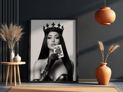 Queen of Hearts Poster, Black and White Fashion Wall Art, Edgy Crown Portrait Print, Playing Card Decor, Modern Glamour Art Print