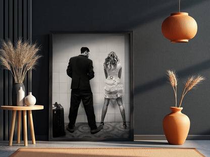 Funny Bathroom Wall Art, Quirky Restroom Poster, Black and White Urinal Print, Humorous Toilet Decor, Edgy Couple Bathroom Sign.