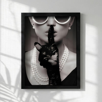 Shh Woman Poster, Black and White Fashion Wall Art, Retro Glamour Print, Pearl Necklace Art, Secret Sign Decor, Vintage Chic Room Decorv