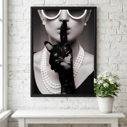 Shh Woman Poster, Black and White Fashion Wall Art, Retro Glamour Print, Pearl Necklace Art, Secret Sign Decor, Vintage Chic Room Decorv