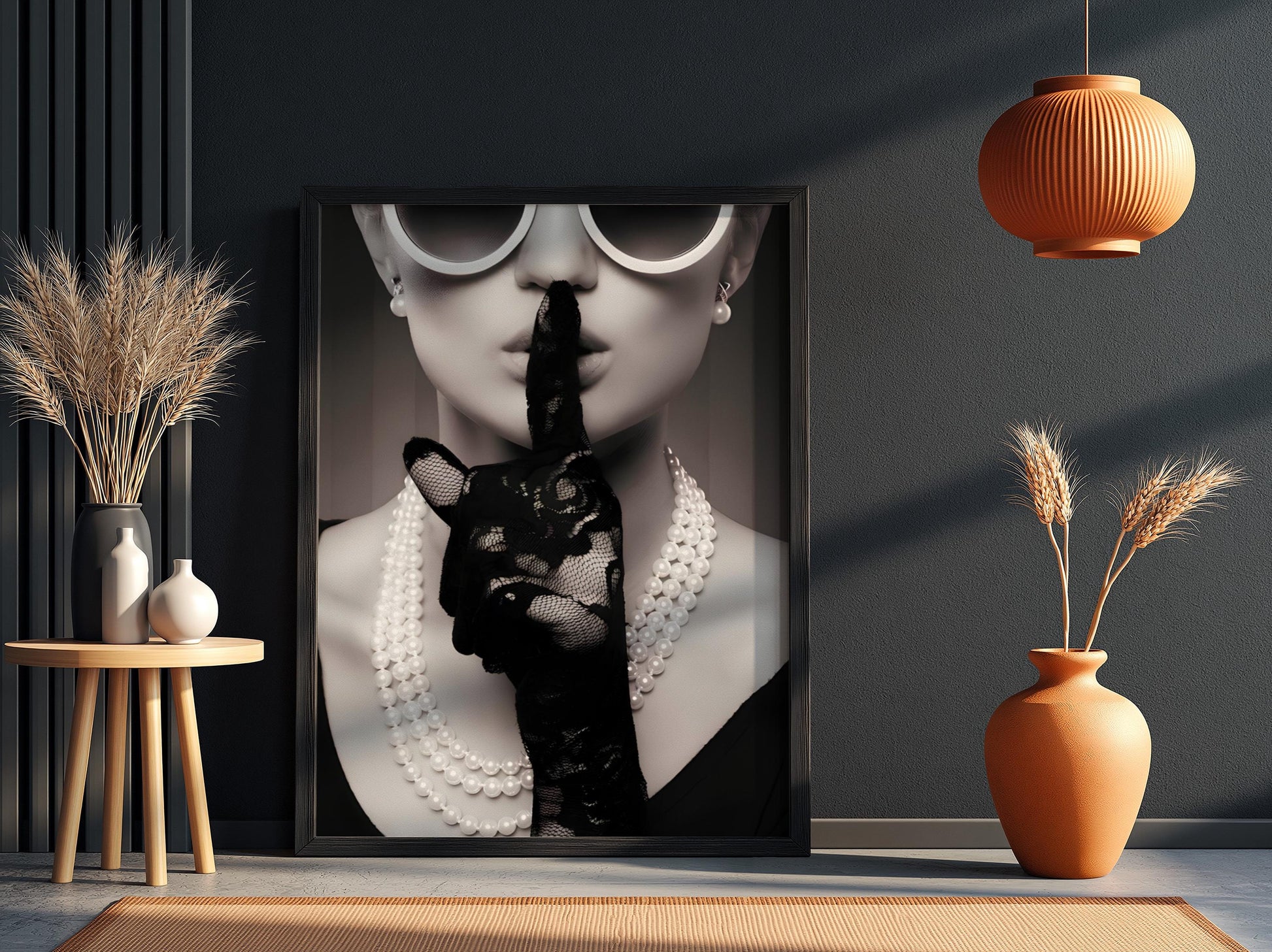 Shh Woman Poster, Black and White Fashion Wall Art, Retro Glamour Print, Pearl Necklace Art, Secret Sign Decor, Vintage Chic Room Decorv