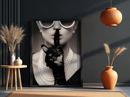 Shh Woman Poster, Black and White Fashion Wall Art, Retro Glamour Print, Pearl Necklace Art, Secret Sign Decor, Vintage Chic Room Decorv