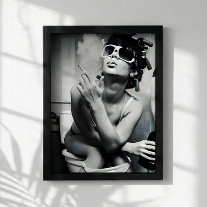 Funny Bathroom Wall Art, Woman Smoking on Toilet Poster, Black and White Restroom Print, Quirky Hair Rollers Art, Edgy Toilet Humor Decor