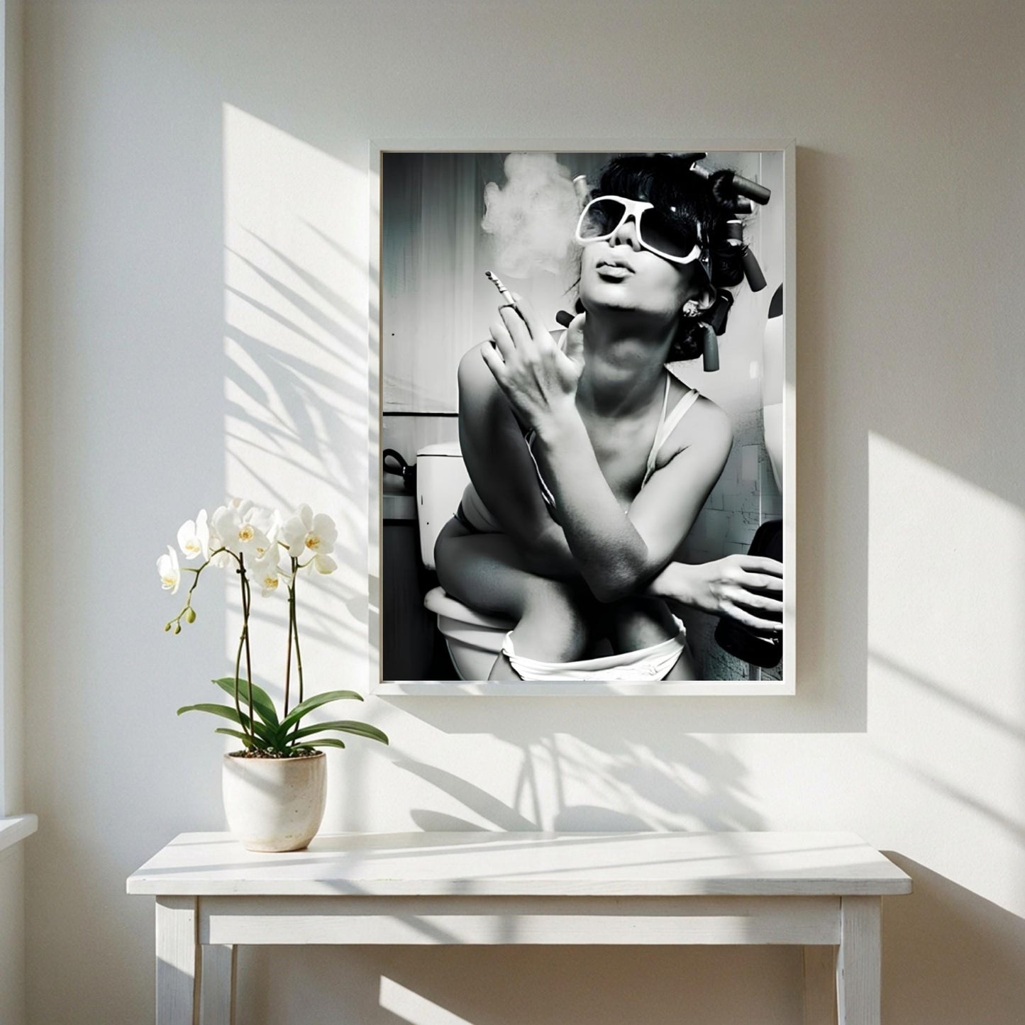 Funny Bathroom Wall Art, Woman Smoking on Toilet Poster, Black and White Restroom Print, Quirky Hair Rollers Art, Edgy Toilet Humor Decor