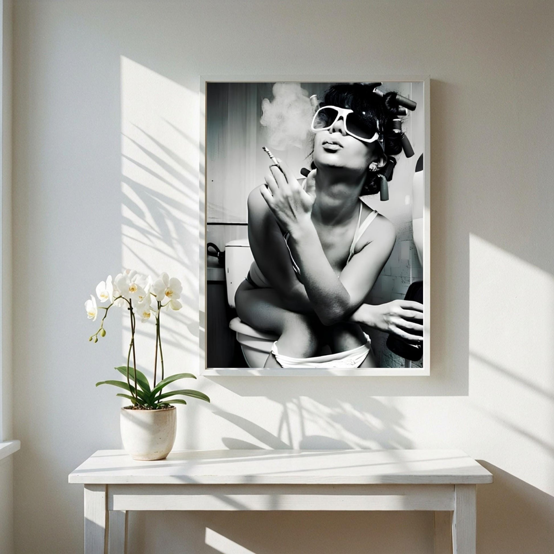 Funny Bathroom Wall Art, Woman Smoking on Toilet Poster, Black and White Restroom Print, Quirky Hair Rollers Art, Edgy Toilet Humor Decor