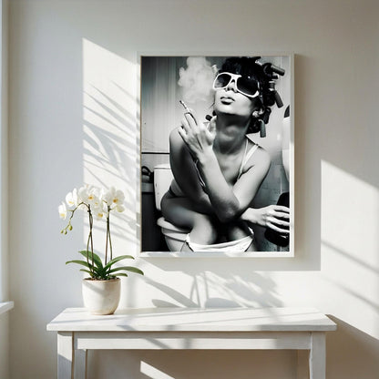 Funny Bathroom Wall Art, Woman Smoking on Toilet Poster, Black and White Restroom Print, Quirky Hair Rollers Art, Edgy Toilet Humor Decor