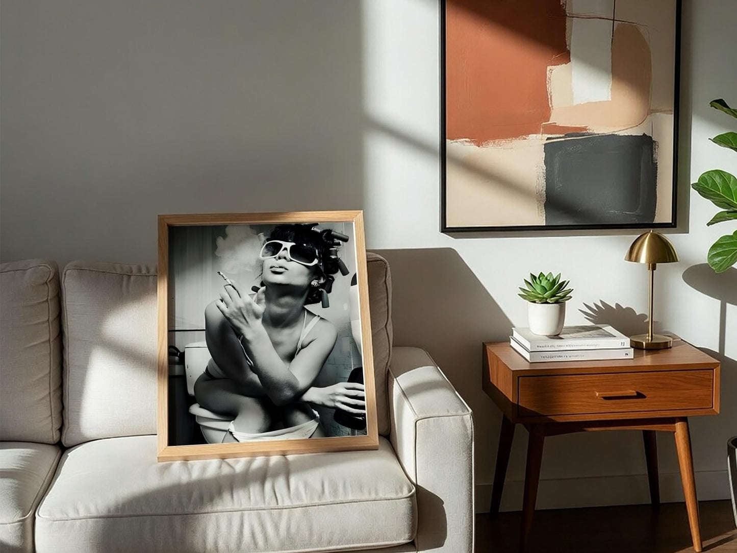 Funny Bathroom Wall Art, Woman Smoking on Toilet Poster, Black and White Restroom Print, Quirky Hair Rollers Art, Edgy Toilet Humor Decor