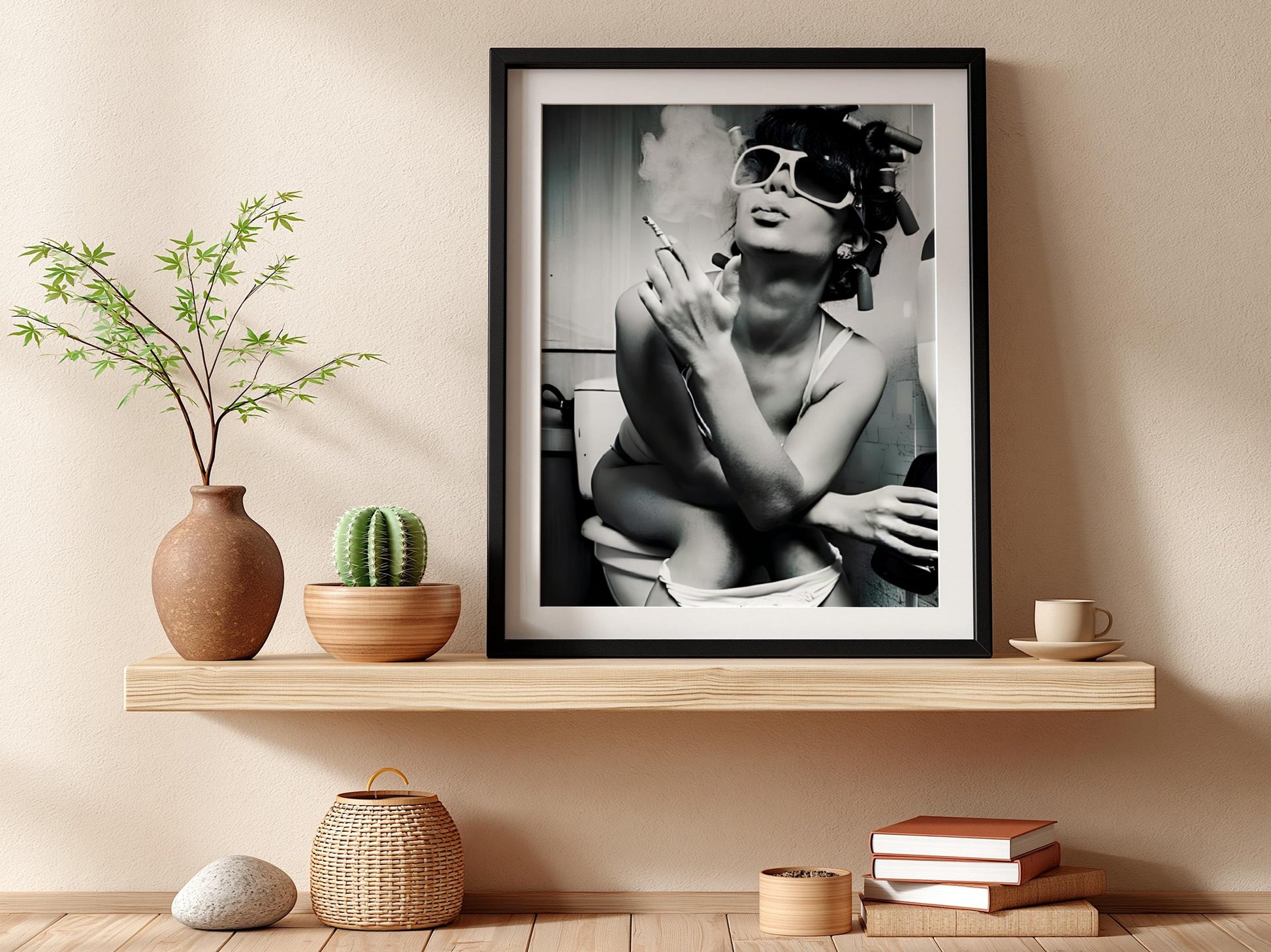 Funny Bathroom Wall Art, Woman Smoking on Toilet Poster, Black and White Restroom Print, Quirky Hair Rollers Art, Edgy Toilet Humor Decor
