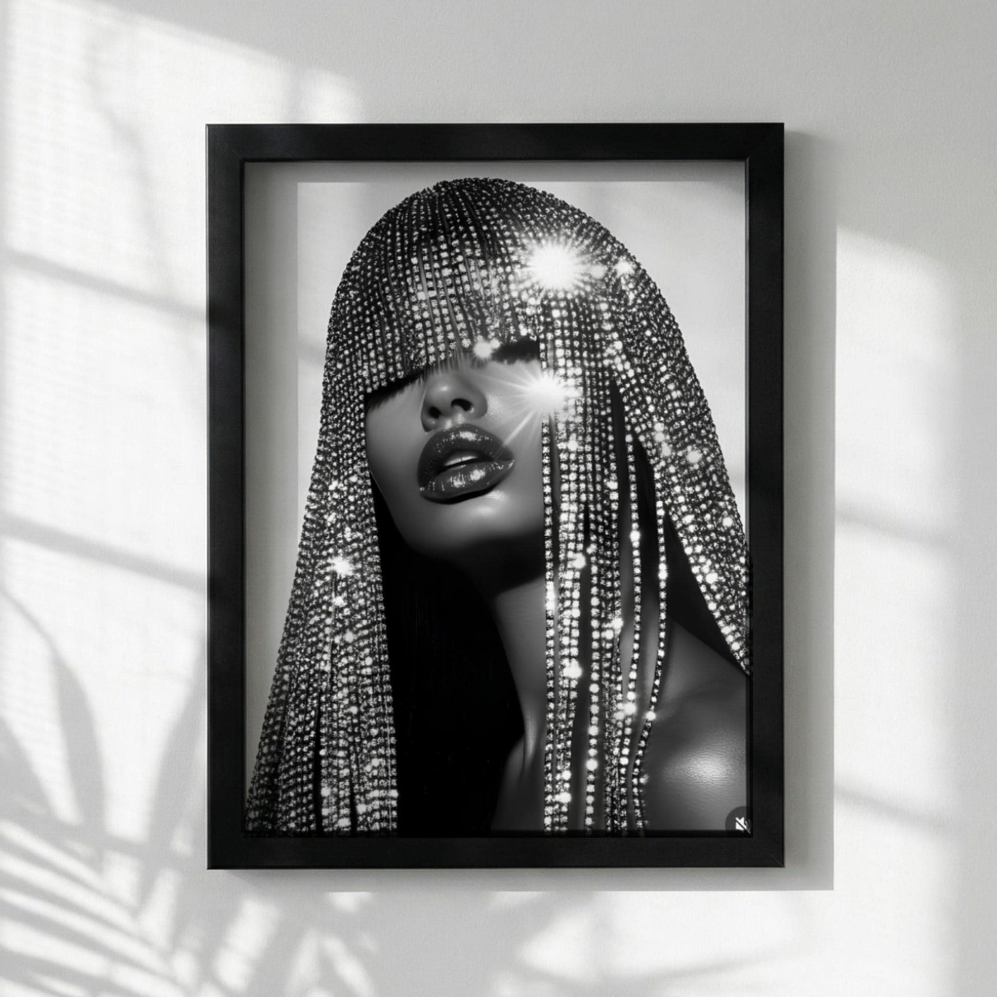 Crystal Fringe Mask Poster, Black and White Fashion Wall Art, Rhinestone Headdress Print, Glamour Room Decor, Edgy Diamond Portrait Art
