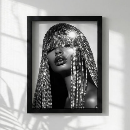 Crystal Fringe Mask Poster, Black and White Fashion Wall Art, Rhinestone Headdress Print, Glamour Room Decor, Edgy Diamond Portrait Art