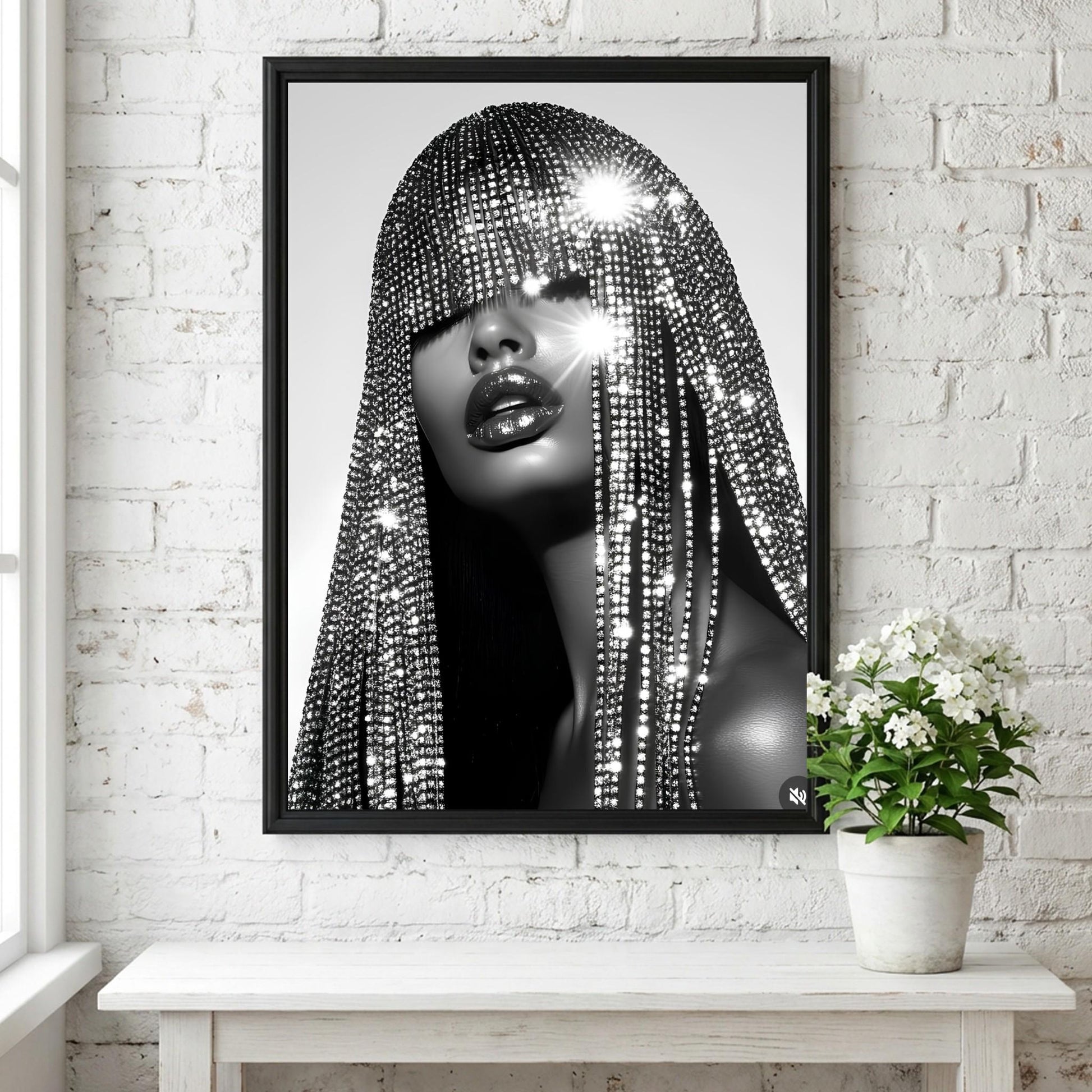 Crystal Fringe Mask Poster, Black and White Fashion Wall Art, Rhinestone Headdress Print, Glamour Room Decor, Edgy Diamond Portrait Art