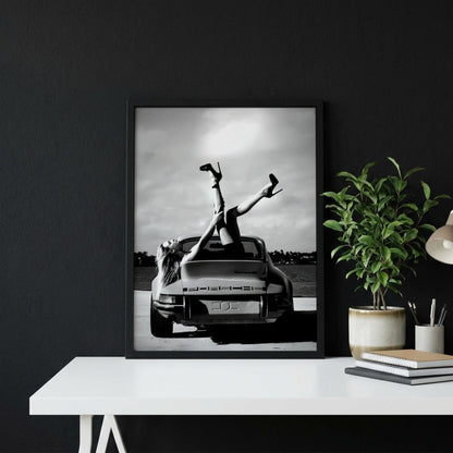 Vintage Porsche Poster, Classic Car Wall Art, Black and White Print, Old Money Aesthetic Decor, High Heels Fashion Art, Edgy Room Decor