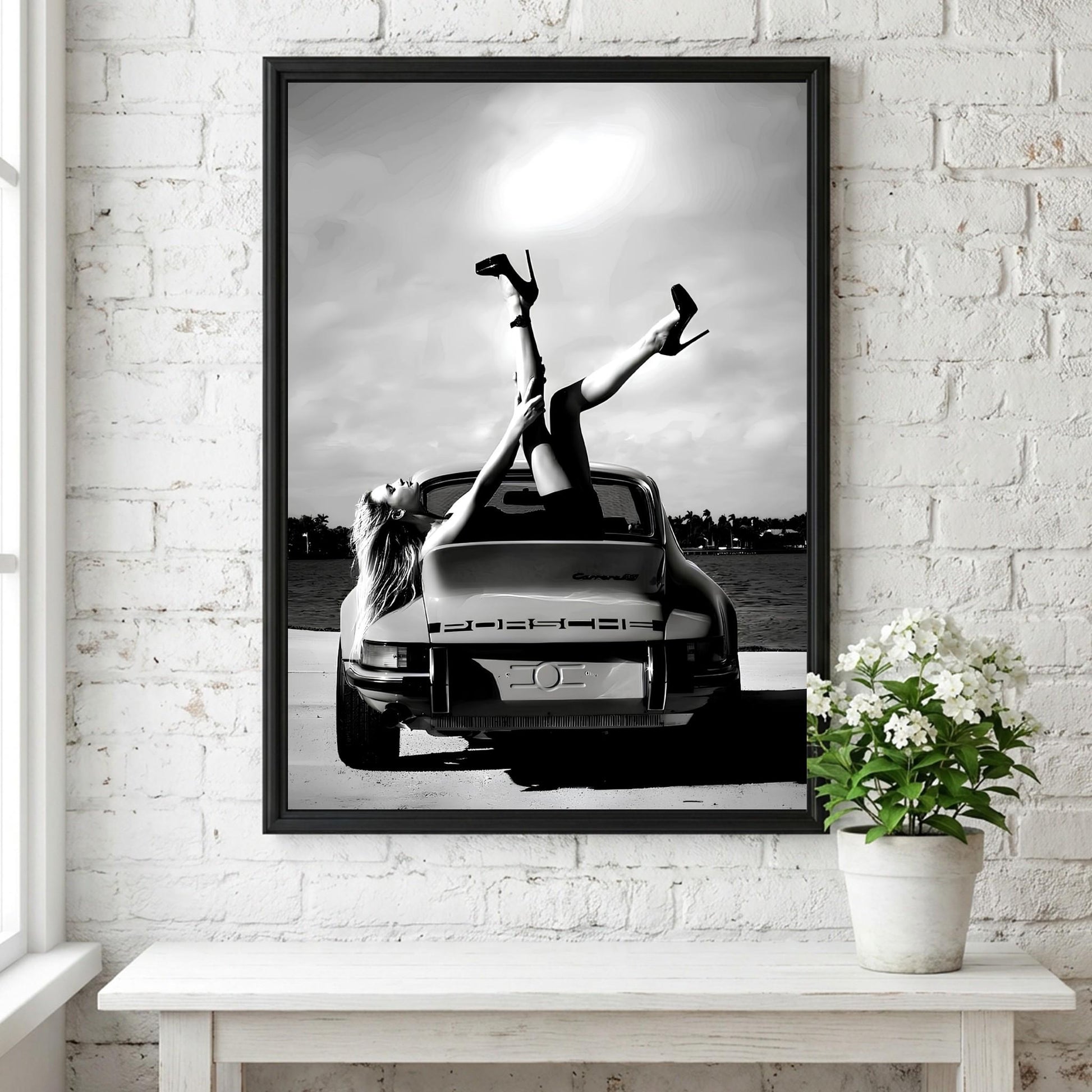 Vintage Porsche Poster, Classic Car Wall Art, Black and White Print, Old Money Aesthetic Decor, High Heels Fashion Art, Edgy Room Decor