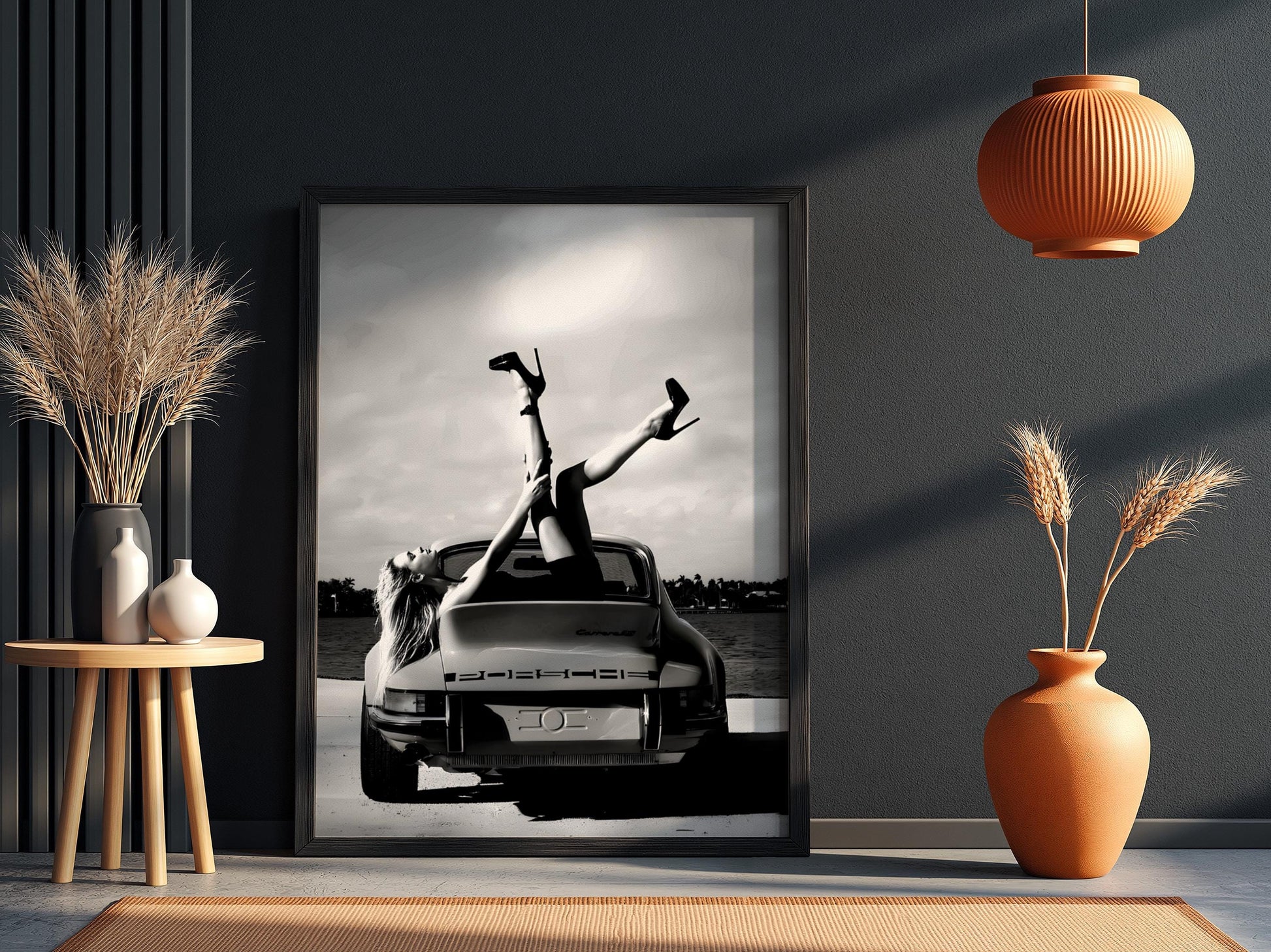 Vintage Porsche Poster, Classic Car Wall Art, Black and White Print, Old Money Aesthetic Decor, High Heels Fashion Art, Edgy Room Decor