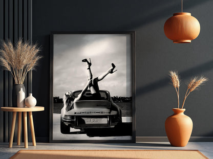 Vintage Porsche Poster, Classic Car Wall Art, Black and White Print, Old Money Aesthetic Decor, High Heels Fashion Art, Edgy Room Decor