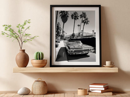 Vintage Car Poster, Palm Springs Wall Art, Black and White Print, Classic Convertible Decor, Retro California Photography, Mid Century Modern Art
