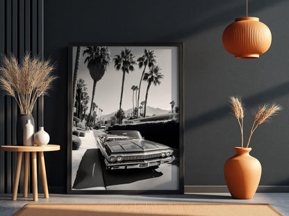 Vintage Car Poster, Palm Springs Wall Art, Black and White Print, Classic Convertible Decor, Retro California Photography, Mid Century Modern Art