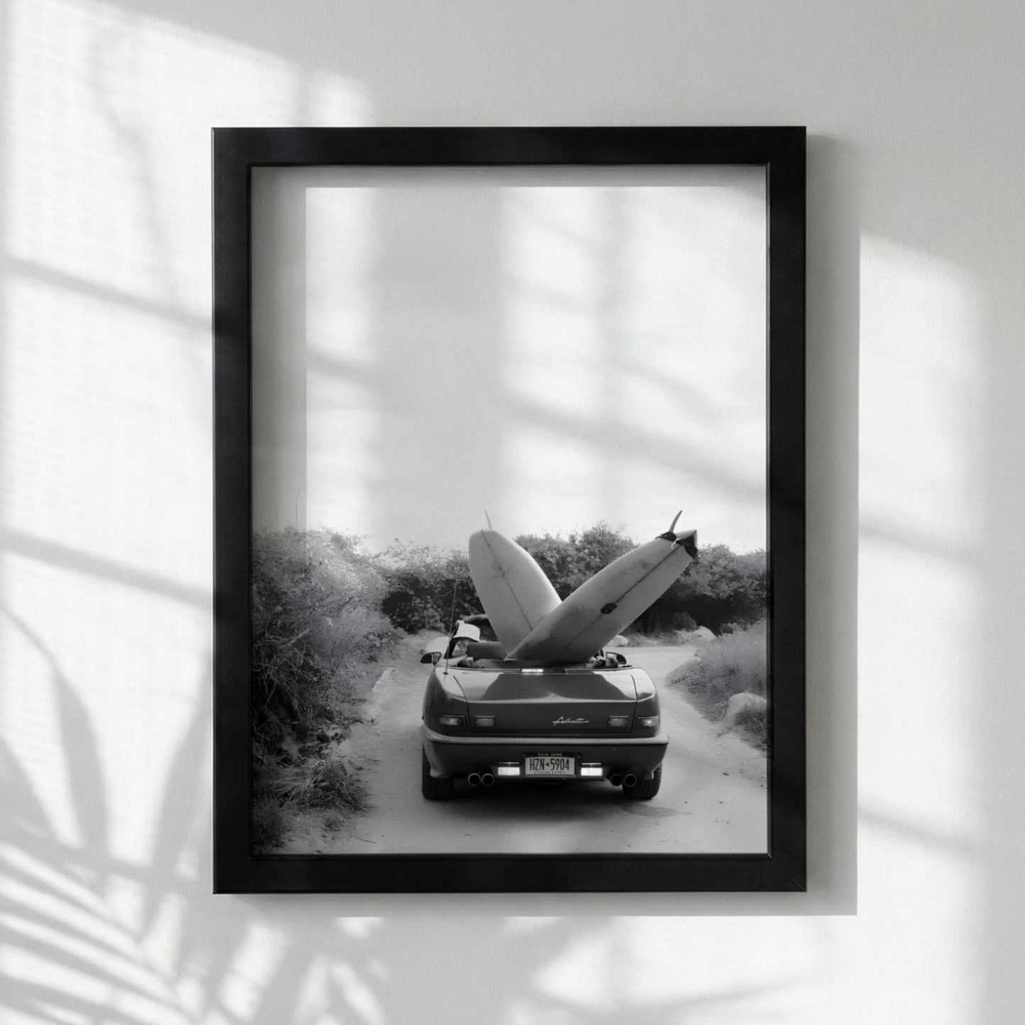 Surfboard Car Poster, Vintage Surf Print, Black and White Beach Art, Coastal Wall Decor, Retro Beach House Art, Summer Vibe Photography