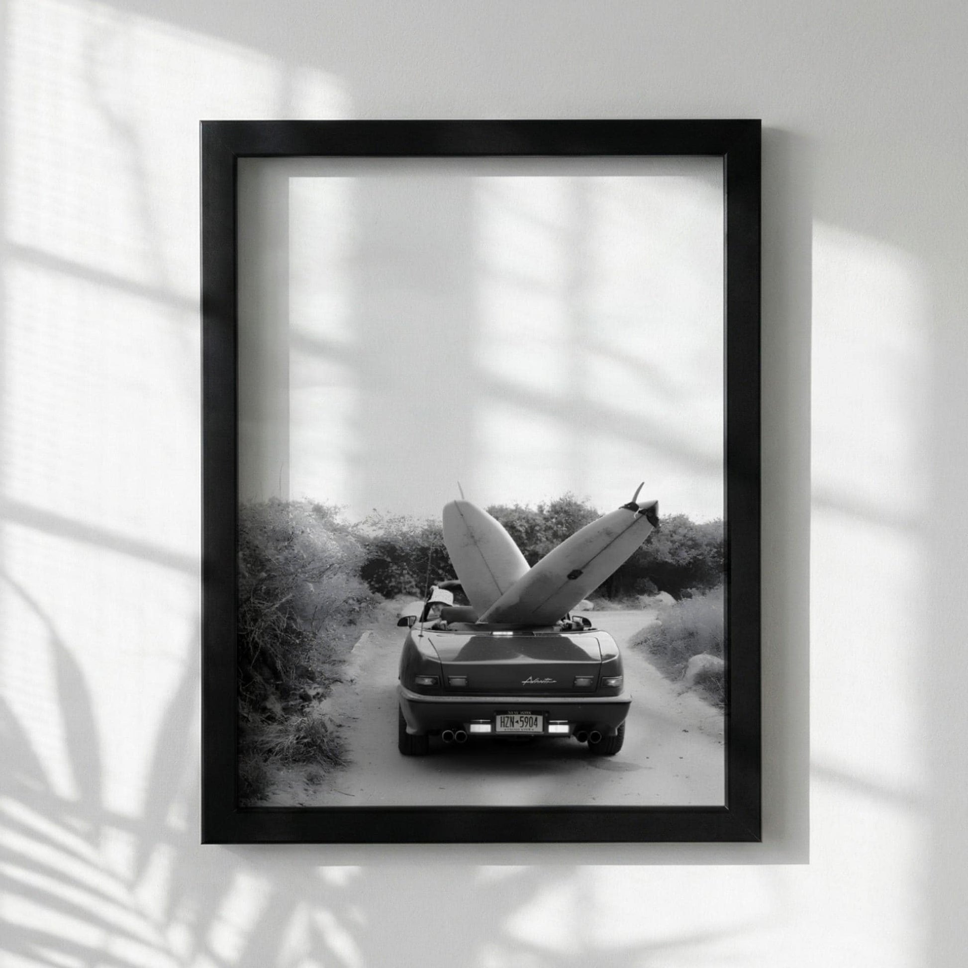 Surfboard Car Poster, Vintage Surf Print, Black and White Beach Art, Coastal Wall Decor, Retro Beach House Art, Summer Vibe Photography