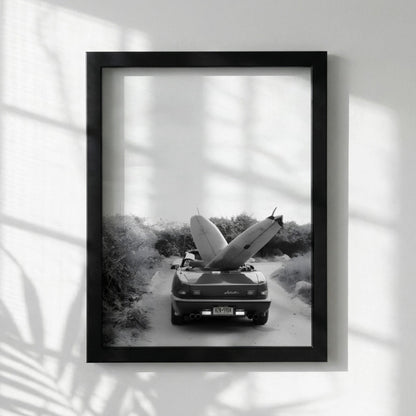 Surfboard Car Poster, Vintage Surf Print, Black and White Beach Art, Coastal Wall Decor, Retro Beach House Art, Summer Vibe Photography