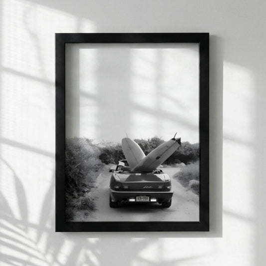 Surfboard Car Poster, Vintage Surf Print, Black and White Beach Art, Coastal Wall Decor, Retro Beach House Art, Summer Vibe Photography