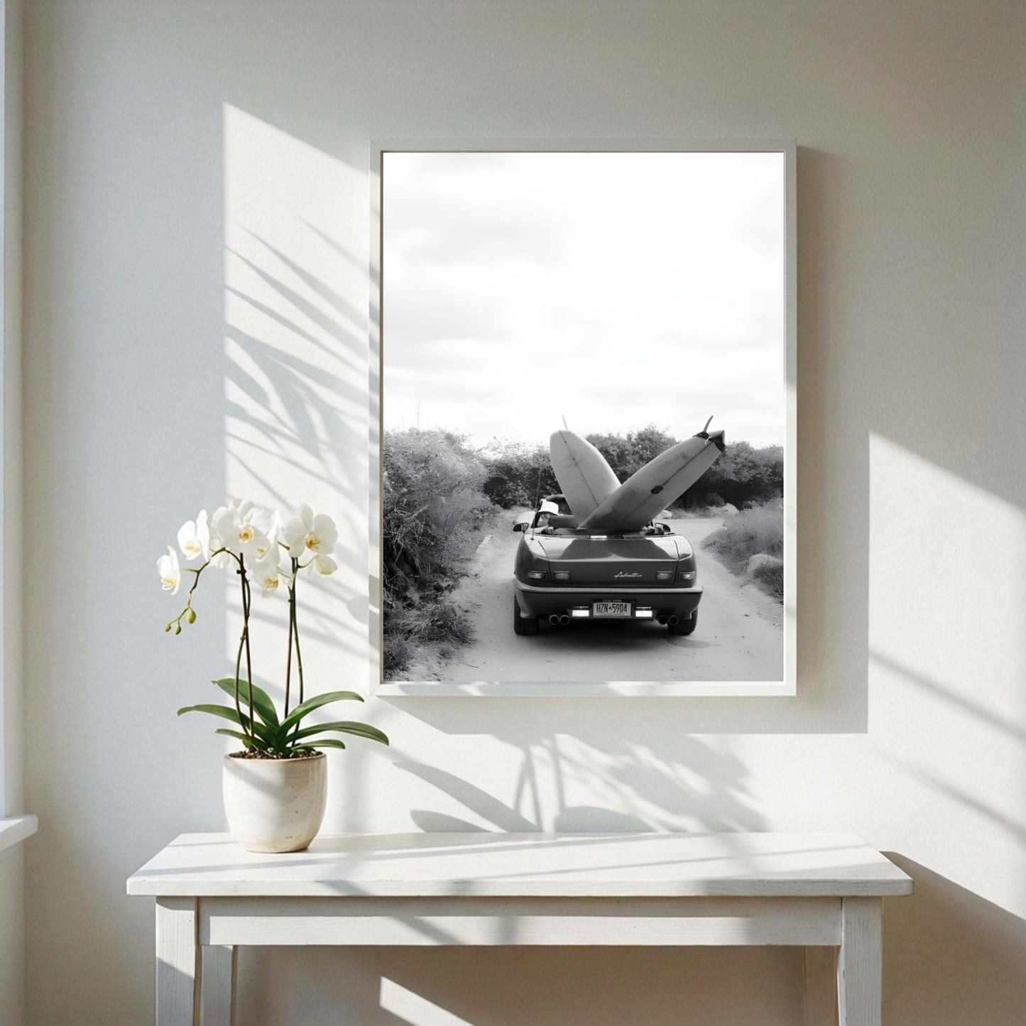 Surfboard Car Poster, Vintage Surf Print, Black and White Beach Art, Coastal Wall Decor, Retro Beach House Art, Summer Vibe Photography