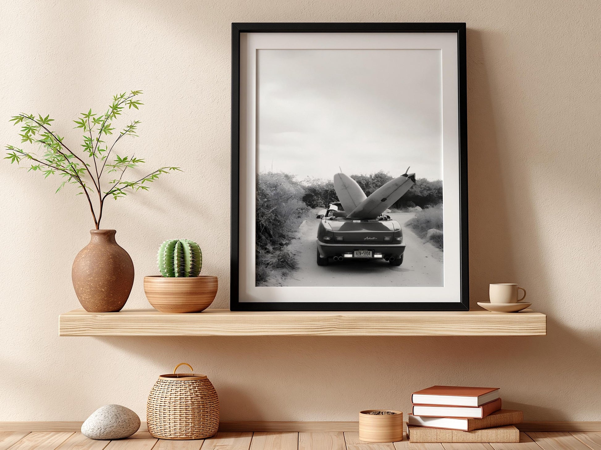 Surfboard Car Poster, Vintage Surf Print, Black and White Beach Art, Coastal Wall Decor, Retro Beach House Art, Summer Vibe Photography