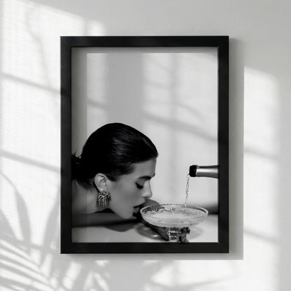 Champagne Art Poster, Black White Print, Glamour Bar Decor, Old Money Aesthetic, Woman Drinking Art, Edgy Fashion Decor, Chic Party Print