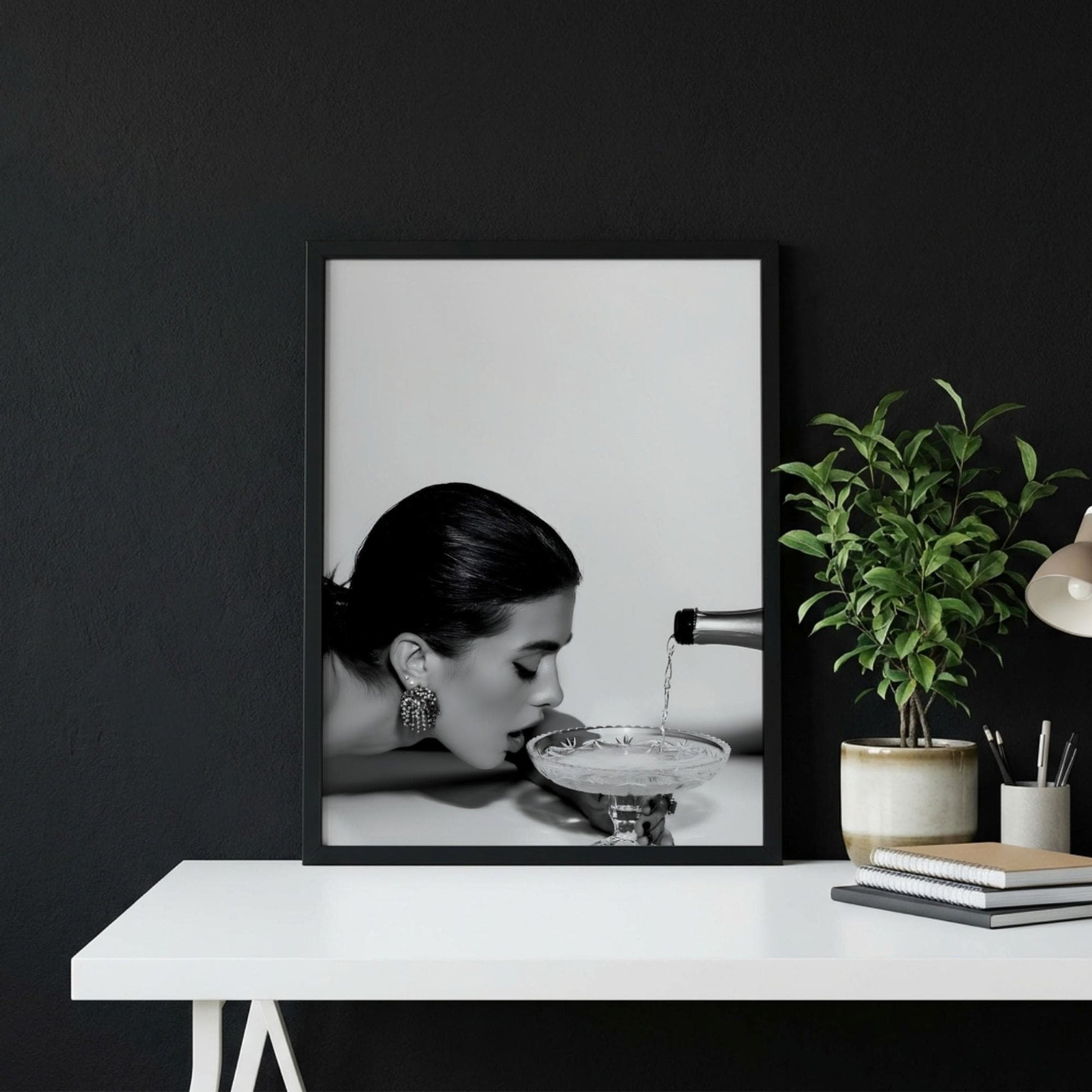 Champagne Art Poster, Black White Print, Glamour Bar Decor, Old Money Aesthetic, Woman Drinking Art, Edgy Fashion Decor, Chic Party Print