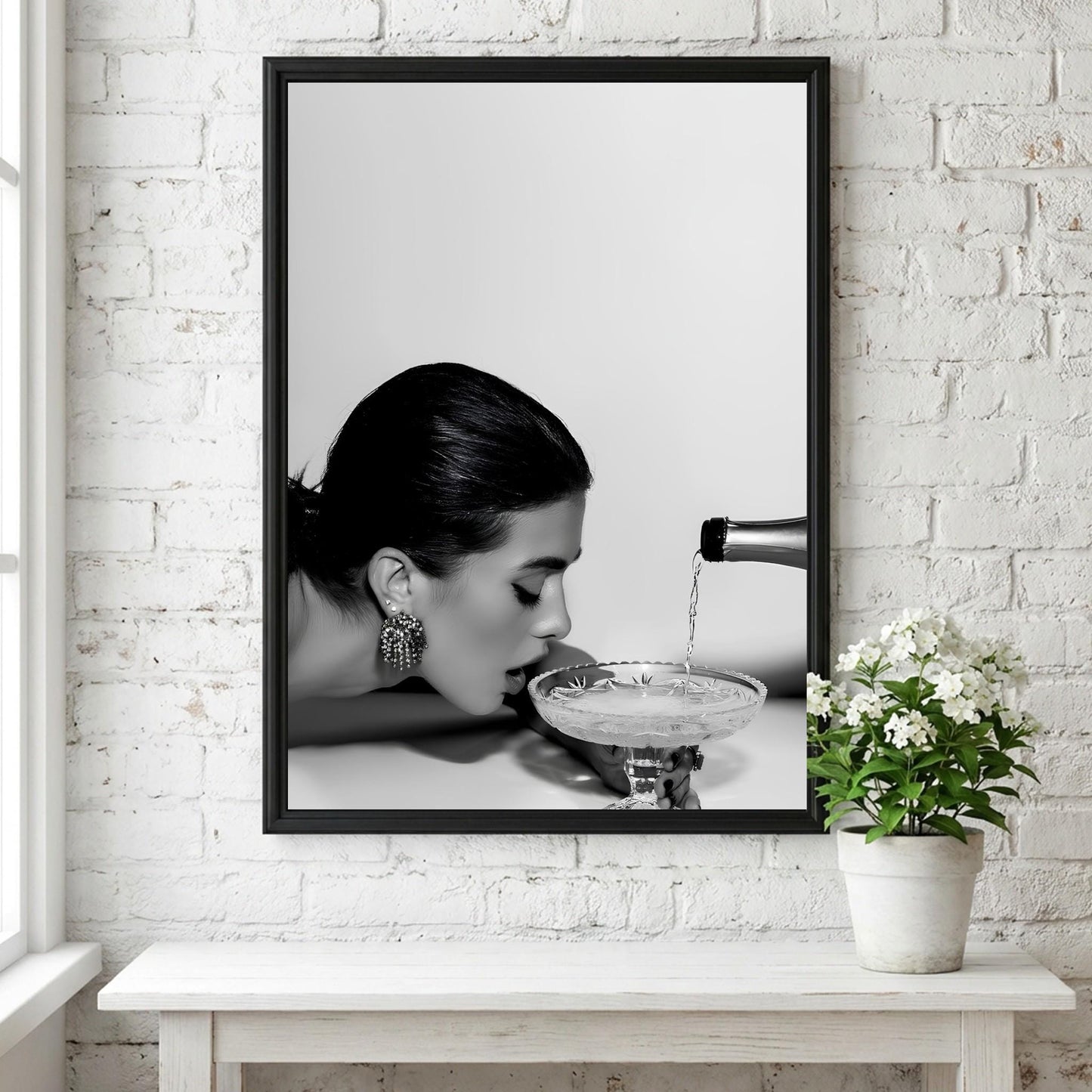 Champagne Art Poster, Black White Print, Glamour Bar Decor, Old Money Aesthetic, Woman Drinking Art, Edgy Fashion Decor, Chic Party Print