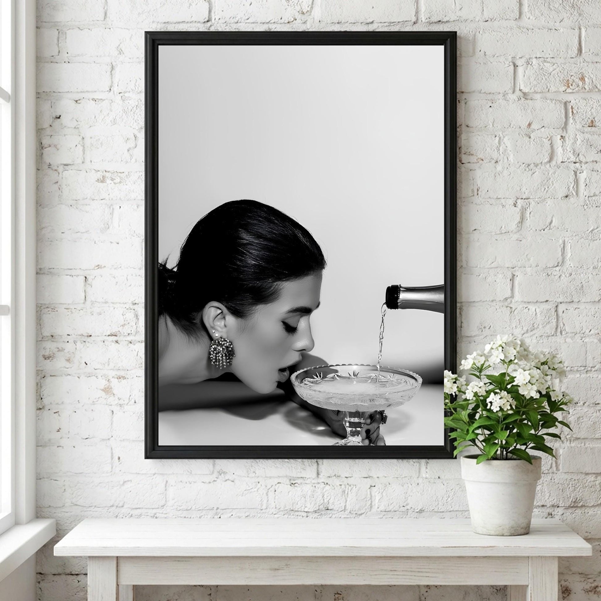Champagne Art Poster, Black White Print, Glamour Bar Decor, Old Money Aesthetic, Woman Drinking Art, Edgy Fashion Decor, Chic Party Print