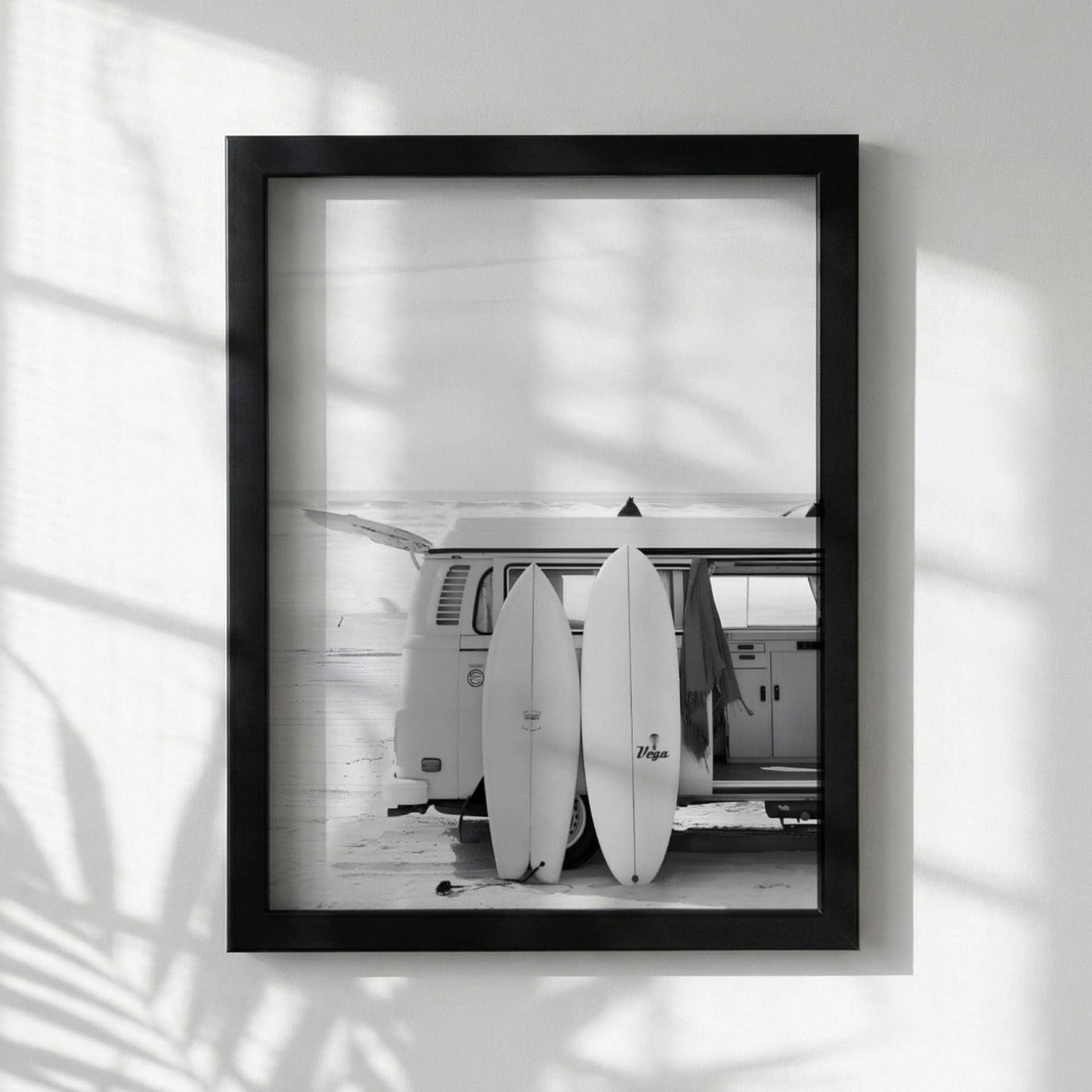 Surfboard Van Poster, Black White Beach Art, Vintage Camper Print, Coastal Room Decor, Retro Surf Wall Art, Minimalist Ocean Decor