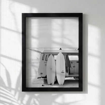 Surfboard Van Poster, Black White Beach Art, Vintage Camper Print, Coastal Room Decor, Retro Surf Wall Art, Minimalist Ocean Decor